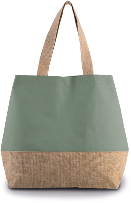 Grand sac de Shopping en toile de coton et de jute couleur naturel et vert