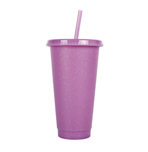 Gobelet avec couvercle et paille violet pailleté 710ML